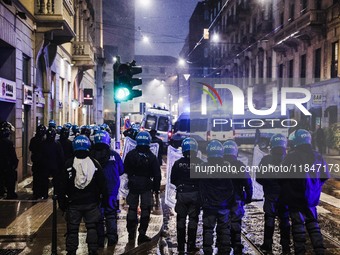 Demonstrators clash with police outside the Prima della Scala 2024 of Giuseppe Verdi's opera La Forza del Destino in Milan, Italy, on Decemb...