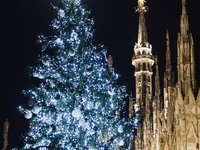 A moment of the lighting ceremony of the Christmas tree of the Olympic and Paralympic Games takes place in Piazza Duomo in Milan, Italy, on...