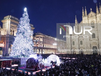 A moment of the lighting ceremony of the Christmas tree of the Olympic and Paralympic Games takes place in Piazza Duomo in Milan, Italy, on...