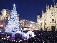 A moment of the lighting ceremony of the Christmas tree of the Olympic and Paralympic Games takes place in Piazza Duomo in Milan, Italy, on...