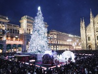 A moment of the lighting ceremony of the Christmas tree of the Olympic and Paralympic Games takes place in Piazza Duomo in Milan, Italy, on...