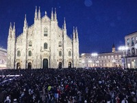 A moment of the lighting ceremony of the Christmas tree of the Olympic and Paralympic Games takes place in Piazza Duomo in Milan, Italy, on...