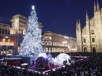 A moment of the lighting ceremony of the Christmas tree of the Olympic and Paralympic Games takes place in Piazza Duomo in Milan, Italy, on...