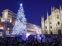 A moment of the lighting ceremony of the Christmas tree of the Olympic and Paralympic Games takes place in Piazza Duomo in Milan, Italy, on...