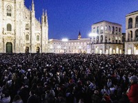 A moment of the lighting ceremony of the Christmas tree of the Olympic and Paralympic Games takes place in Piazza Duomo in Milan, Italy, on...