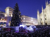 A moment of the lighting ceremony of the Christmas tree of the Olympic and Paralympic Games takes place in Piazza Duomo in Milan, Italy, on...