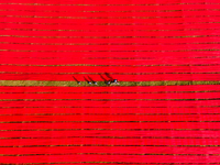 An aerial view shows school children walking along red long textile stripes spread out on a field near Narsingdi, Dhaka, Bangladesh, on Dece...