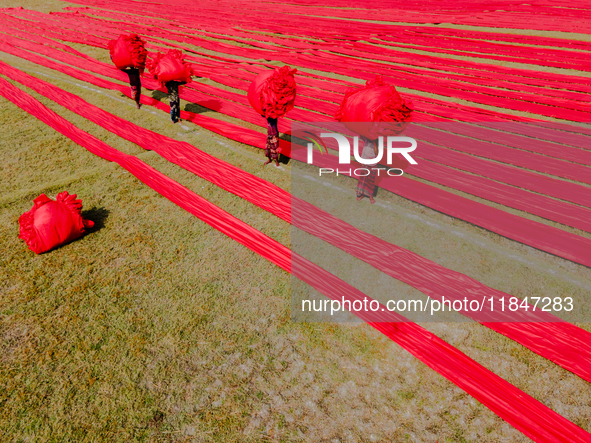 An aerial view shows people working in a field, stretching red cloth in Narsingdi, Dhaka, Bangladesh, on December 8, 2024. This fabric is co...