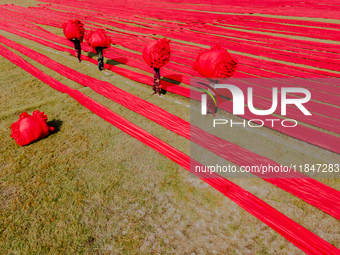 An aerial view shows people working in a field, stretching red cloth in Narsingdi, Dhaka, Bangladesh, on December 8, 2024. This fabric is co...