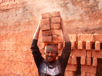 In Narsingdi, Dhaka, Bangladesh, on December 8, 2024, laborers carry piles of bricks weighing more than 15 kg on their heads in a brick kiln...