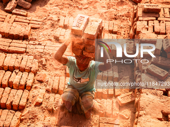 In Narsingdi, Dhaka, Bangladesh, on December 8, 2024, laborers carry piles of bricks weighing more than 15 kg on their heads in a brick kiln...