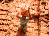 In Narsingdi, Dhaka, Bangladesh, on December 8, 2024, laborers carry piles of bricks weighing more than 15 kg on their heads in a brick kiln...