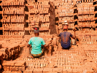 In Narsingdi, Dhaka, Bangladesh, on December 8, 2024, laborers carry piles of bricks weighing more than 15 kg on their heads in a brick kiln...