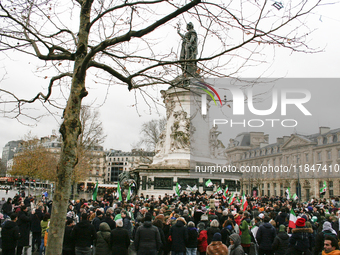 A demonstration by the Syrian community takes place at Place de la Republique in Paris, France, on December 8, 2024, to celebrate Syria's fr...