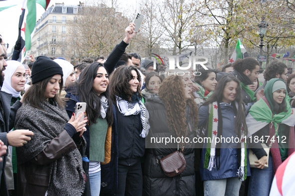 A demonstration by the Syrian community takes place at Place de la Republique in Paris, France, on December 8, 2024, to celebrate Syria's fr...