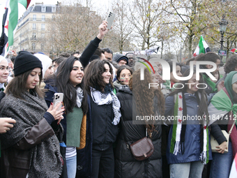 A demonstration by the Syrian community takes place at Place de la Republique in Paris, France, on December 8, 2024, to celebrate Syria's fr...