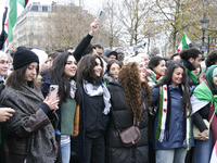 A demonstration by the Syrian community takes place at Place de la Republique in Paris, France, on December 8, 2024, to celebrate Syria's fr...