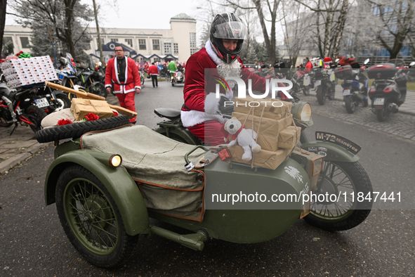 KRAKOW, POLAND - DECEMBER 08: Christmas decorations seen of motorcycle outside the Pediatric Hospital in Krakow as Santa Clauses deliver Chr...