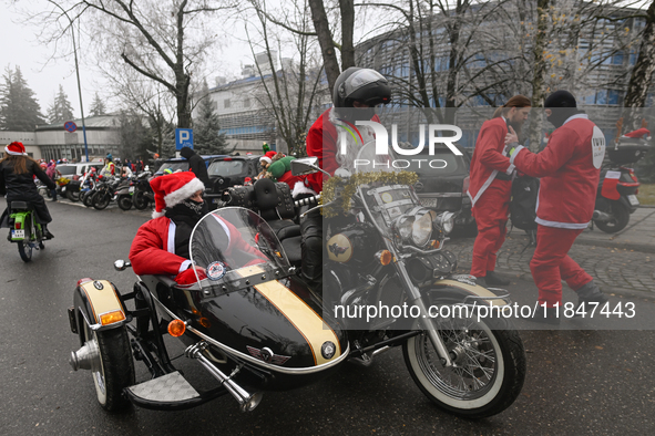 KRAKOW, POLAND - DECEMBER 08: Christmas decorations seen of motorcycle outside the Pediatric Hospital in Krakow as Santa Clauses deliver Chr...