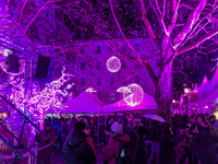 The Pink Christmas market at Stephansplatz in Munich, Bavaria, Germany, on December 8, 2024, lights up in its signature pink hues. Known as...