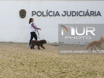 A person walks her dogs by the Judiciary Police Headquarters in Lisbon, Portugal, on December 8, 2024. The Judiciary Police (PJ) carry out a...