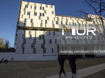 In Lisbon, Portugal, on December 8, 2024, people walk by the Judiciary Police Headquarters. The Judiciary Police (PJ) carry out a major oper...