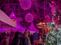 The Pink Christmas market at Stephansplatz in Munich, Bavaria, Germany, on December 8, 2024, lights up in its signature pink hues. Known as...