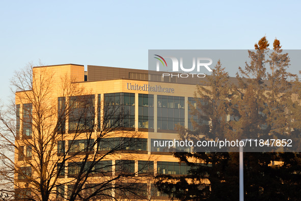 The UnitedHealthcare logo is seen on the corporate headquarters building in Minnetonka, Minnesota, on December 5, 2024, the day after United...