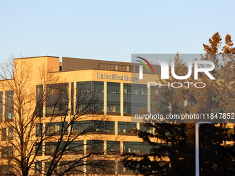 The UnitedHealthcare logo is seen on the corporate headquarters building in Minnetonka, Minnesota, on December 5, 2024, the day after United...