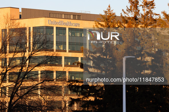 The UnitedHealthcare logo is seen on the corporate headquarters building in Minnetonka, Minnesota, on December 5, 2024, the day after United...