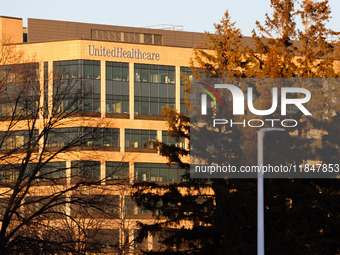 The UnitedHealthcare logo is seen on the corporate headquarters building in Minnetonka, Minnesota, on December 5, 2024, the day after United...