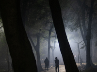 People walk through a park covered in light fog as winter begins in Dhaka, Bangladesh, on December 8, 2024. (