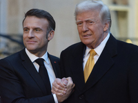 France's President Emmanuel Macron welcomes the United States President-elect Donald Trump before the bilateral talks in Paris, France, on D...