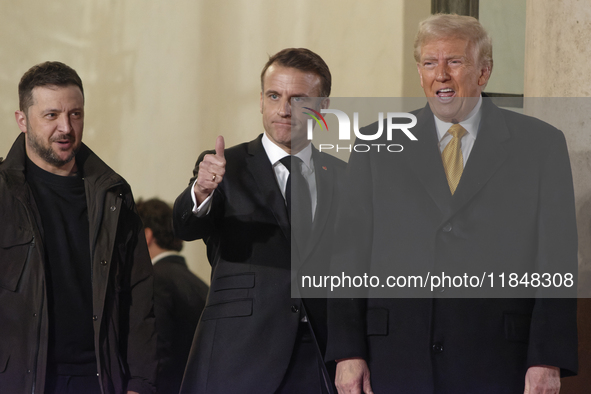 France's President Emmanuel Macron, the United States President-elect Donald Trump, and the Ukrainian President Volodymyr Zelensky leave the...