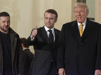 France's President Emmanuel Macron, the United States President-elect Donald Trump, and the Ukrainian President Volodymyr Zelensky leave the...