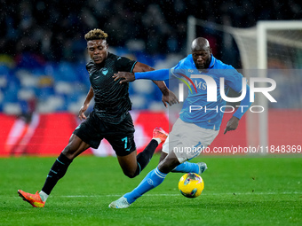 Romelu Lukaku of SSC Napoli and Fisayo Dele-Bashiru of SS Lazio compete for the ball during the serie Serie A Enilive match between SSC Napo...