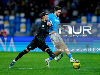 Khvicha Kvaratskhelia of SSC Napoli and Taty Castellanos of SS Lazio compete for the ball during the serie Serie A Enilive match between SSC...