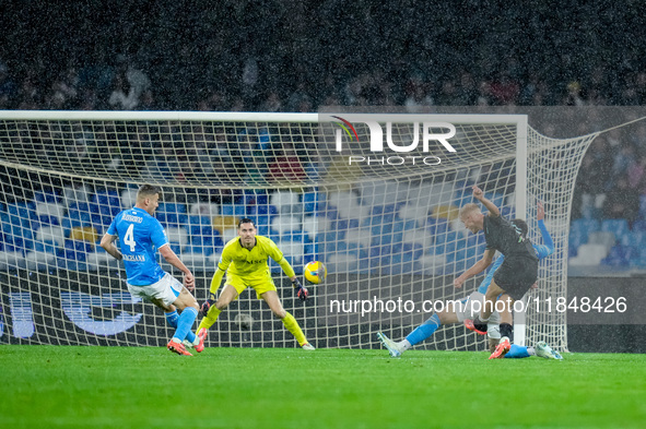 Gustav Isaksen of SS Lazio scores first goal during the serie Serie A Enilive match between SSC Napoli and SS Lazio at Stadio Diego Armando...