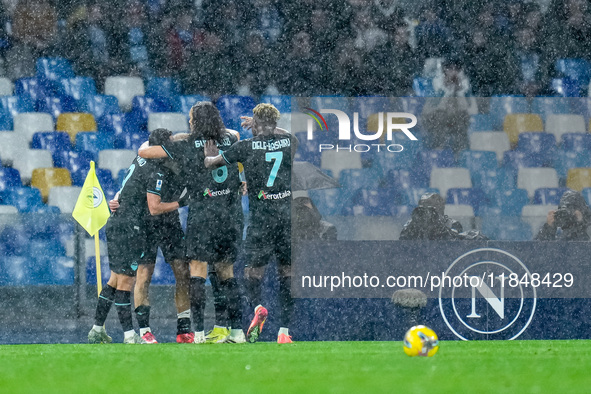 Gustav Isaksen of SS Lazio celebrates after scoring first goal during the serie Serie A Enilive match between SSC Napoli and SS Lazio at Sta...