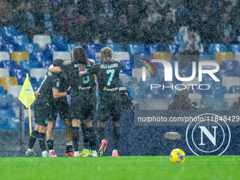 Gustav Isaksen of SS Lazio celebrates after scoring first goal during the serie Serie A Enilive match between SSC Napoli and SS Lazio at Sta...