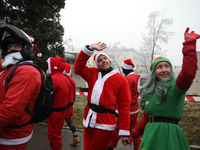 Motorcyclists in Santa costumes greet sick children while handing out gifts at the University Children's Hospital in Krakow, Poland, on Dece...