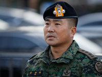 Colonel Kim Hyun-tae, Commander of the 707th Special Mission Group, holds a press conference in front of the Defense Convention Center in Yo...