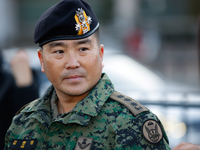 Colonel Kim Hyun-tae, Commander of the 707th Special Mission Group, holds a press conference in front of the Defense Convention Center in Yo...