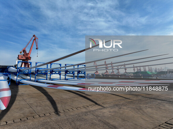 A large number of wind power generation equipment is ready to be shipped for export at the terminal of Oriental Port Branch of Lianyungang P...