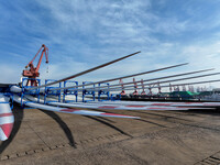 A large number of wind power generation equipment is ready to be shipped for export at the terminal of Oriental Port Branch of Lianyungang P...