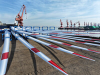 A large number of wind power generation equipment is ready to be shipped for export at the terminal of Oriental Port Branch of Lianyungang P...