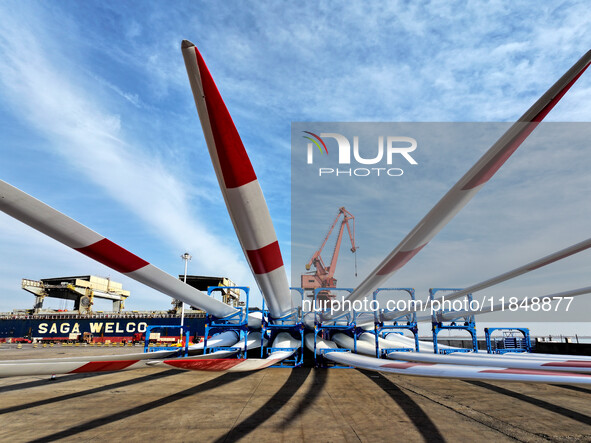 A large number of wind power generation equipment is ready to be shipped for export at the terminal of Oriental Port Branch of Lianyungang P...