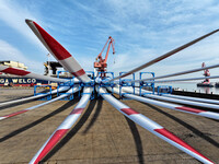 A large number of wind power generation equipment is ready to be shipped for export at the terminal of Oriental Port Branch of Lianyungang P...