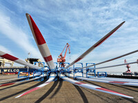 A large number of wind power generation equipment is ready to be shipped for export at the terminal of Oriental Port Branch of Lianyungang P...