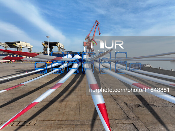 A large number of wind power generation equipment is ready to be shipped for export at the terminal of Oriental Port Branch of Lianyungang P...